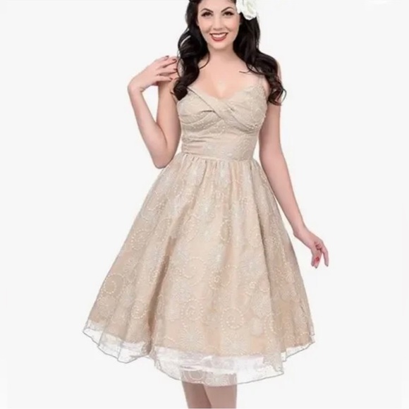 NWT STOP STARING! ‘Darla’ Pin-up Style Taupe Embroidered Lace Swing Dress XS - Picture 2 of 9